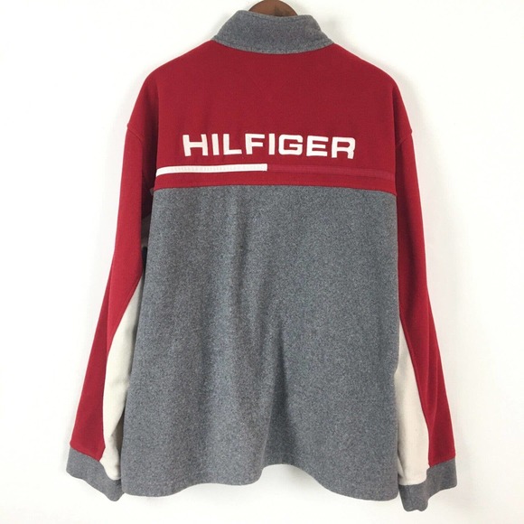 VTG Tommy Hilfiger Jacket Mens XXL Red Gray Fleece Full Zip Embroidered Logo YTK - Picture 2 of 13